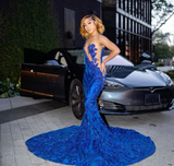 Diynav Royal Blue Mermaid Long Prom Dress With Train Sexy Evening Dresses HZ1017