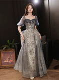 Diynav A-Line Grey Tulle Short Sleeves Long Party Dress, Grey Evening Dress HZ1017