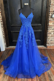 Diynav Line V Neck Blue Tulle Lace Long Prom Dresses, V Neck Blue Formal Dresses, Blue Lace Evening Dresses HZ1017