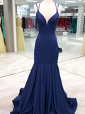 Diynav Neck Mermaid Dark Navy Blue Prom Dresses, Navy Blue Mermaid Long Formal Evening Dresses HZ1017