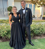 Diynav A Line Ruffle Prom Dresses for Women V Neck Long Bridesmaid Dresses Backless Formal Evening Gowns HZ1017