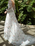 Diynav Elegant Floral Chiffon Long Sleeve Bridal Dress ,V Neck Wedding Dress HZ1017