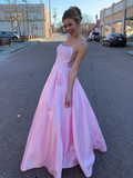 Diynav Satin Prom Dress with Pockets, Pink Satin Long Formal Evening Dresses HZ1017