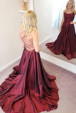 Diynav A Line Backless Thin Strap Burgundy Satin Long Prom Dress, Backless Burgundy Formal Evening Dress HZ1017