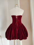 Diynav A Line Strapless Burgundy Velvet Ruffles Homecoming Dress HZ1017