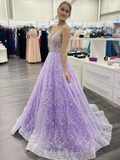 Diynav Neck Open Back Purple Lace Long Prom Dresses, Purple Lace Formal Dresses, Purple Evening Dresses HZ1017