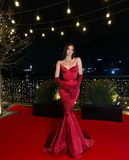 Diynav Mermaid V Neck Red Satin Long Prom Evening Dresses,Formal Party Dresses HZ1017