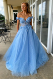 Diynav Tulle Lace Long Prom Dresses, A-Line Off the Shoulder Evening Dresses HZ1017