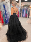 Diynav Neck Backless High Low Beaded Black Lace Long Prom Dresses, Backless Black Formal Dresses, Black Lace Evening Dresses HZ1017