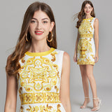 Diynav Summer New Women's High-End Court Retro-Print Round-Neck Sleeveless Vest Short Dress