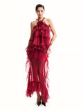 Diynav Women's Sexy Lotus Leaf Side Strap Hanging Neck Dress Flower Decorative Perspective Skirt Dress Dress