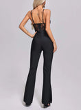 Diynav Hepburn Women's Sling Lace Bandage Elastic Slimming Jumpsuit Fish Bone Long Black