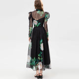Diynav Scarf Long-Sleeved Green Rose Print Long Dress Spring And Summer Women's New 2024