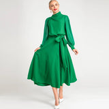 Diynav Spring And Summer Women's New Sexy Irregular Collar Long Sleeves Long-Sleeved Puffy Green Dress Dress Dress