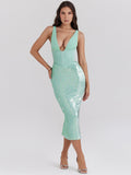 Diynav Women's Sexy Deep V-Snee Dress Temperament Body-Body-Bstupling Open Fork Dress Mid-Long