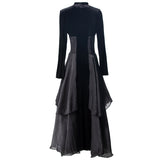 Diynav Stitching Tulle Sexy V Collar Long Sleeve Lotus Side Black Cake Dress Women's Spring 2025