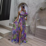 Diynav New Women's Sexy Slant Shoulder Shoulder Long Sleeves Crumped Floral Dress Dress High-End Big Smash Floral Dress