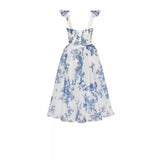 Diynav French Super Fairy Holiday Sling Belt Sleeveless Waist-Free Blue Printed Dress Body-Drag Skirt