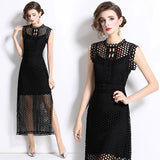 Diynav New French Fashion Dinner Mature Dignified Salt Wind Hollow Rounded Sleeveless Dress