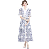 Diynav Summer Collar Short-Sleeved Belt-Recely Blue Print Hollow Lace Retro Dress