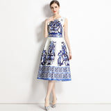Diynav Women's Clothing 2025 Summer New Elegant Temperament Bottom Vest Dress Blue And White Porcelain Printing Dress Women