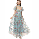Diynav Square Collar Bubble Sleeves To Collect Waist Long Print Lotus Leaf Side Blue Dress Summer Women's New 2024