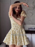 Diynav Women's New Sexy Deep V Short-Sleeved Floral Dress Sweet Temperament Fluffy Holiday Dress Woman