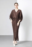 Diynav Dress 2025 Summer New Temperament Relaxed Bat Sleeve V Collar Thin Fish Tail Folded Long Dress