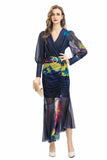 Diynav V-Neck Long-Sleeved Elegant Print Irregular Fishtail Dress Dress Women's Autumn New 2025