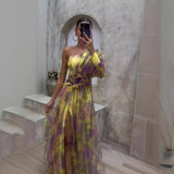 Diynav New Women's Sexy Slant Shoulder Shoulder Long Sleeve Broken Flower Dress Dress High-End Big Swing Flowers