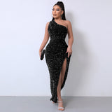 Diynav Selling New Women's Clothing 2025 Spring Fashion Squin Single-Sleeve-Less Open-Fork Dress Solid Color