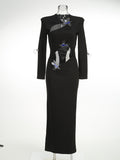 Diynav Women's Sexy Hollow Long-Sleeved Black Dress Metal Decorated Open Forked Ass And Hip Dress