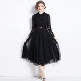 Diynav And Summer New Lapl Collar Heavy Industry Hooks Hollow French Lace Dress Women Feel Large Knee Long Skirt
