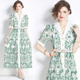 Diynav Summer Collar Short-Sleeved Belt-Recely Blue Print Hollow Lace Retro Dress