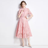 Diynav High-End Lace Splicing Round Collar Dress Women's New Summer Waist Thin Temperament Big Swing Dress Dress