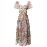 Diynav Square Collar Bubble Sleeves To Collect Waist Long Print Lotus Leaf Side Blue Dress Summer Women's New 2024