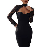 Diynav Hanging Neck Lace Dress Wish Burst Banquet Bandage Dress Autumn And Winter Long Sleeves