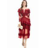 Diynav Round Collar Lotus Side Spliced Long Sleeve Elegant Lace Wine Red Dress Women's Autumn New 2025