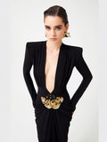 Diynav Black Long-Sleeved Hollow V-Neck Cross Dress Metal Fishtail Elegant Dress