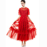Diynav At The Same Time Round Collar Short-Sleeved Lotus Side Red Splicing Cake Dress Dress Women's Spring And Summer 2025