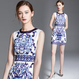 Diynav Summer New Women's High-End Court Retro-Print Round-Neck Sleeveless Vest Short Dress