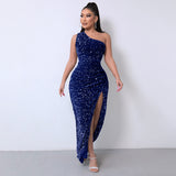 Diynav Selling New Women's Clothing 2025 Spring Fashion Squin Single-Sleeve-Less Open-Fork Dress Solid Color