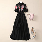Diynav Industry Embroidered Flower Lily Collar Short Sleeve Tie Tight Waist High Dress Station Spring And Summer Woman 2025