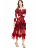 Diynav Round Collar Lotus Side Spliced Long Sleeve Elegant Lace Wine Red Dress Women's Autumn New 2025