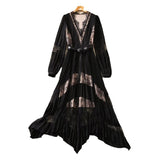 Diynav V-Neck Long-Sleeved Lace Splicing Black Irregular Swing Dress Spring And Summer Women's New 2024