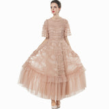Diynav At The Same Time Round Collar Short-Sleeved Lotus Side Red Splicing Cake Dress Dress Women's Spring And Summer 2025