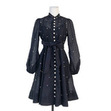 Diynav Early Autumn Silk Taut Feeling High Collar Design Heavy Industry Nail Drill Long Sleeve Buckle Lantern Sleeve Dress Shows Temperament