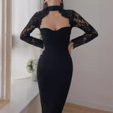 Diynav Hanging Neck Lace Dress Wish Burst Banquet Bandage Dress Autumn And Winter Long Sleeves