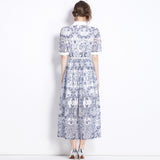 Diynav Summer Collar Short-Sleeved Belt-Recely Blue Print Hollow Lace Retro Dress