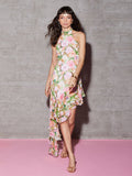 Diynav Sexy Shoulder Hanging Neck Print Dress In The Long Dress Irregular Lotus Leaf Side Temperament Dress Dress
